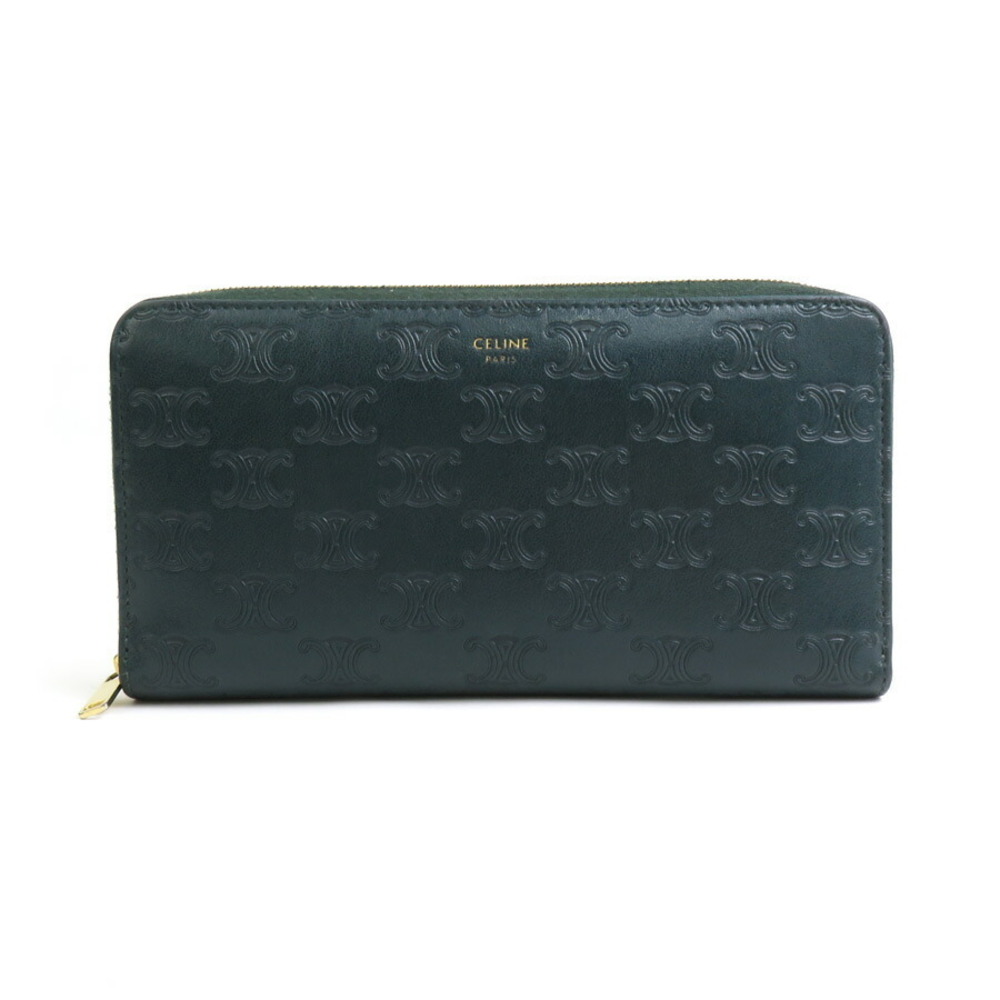 Celine Triomphe leather long zip around wallet green